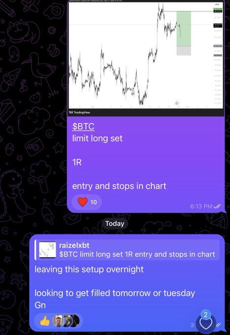 A TradingView chart of $BTC shows a limit long setup with 1R entry and stops marked, followed by a message noting the setup will be left overnight hoping to get filled Monday or Tuesday. The post reads "$BTC limit long set, 1R, entry and stops in chart."