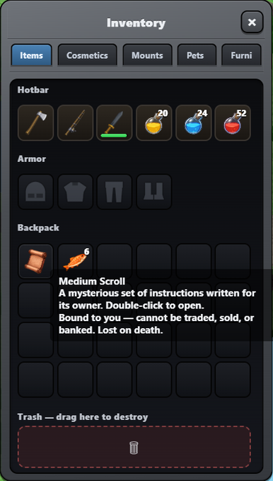 A video game inventory screen showing various items including weapons, armor, potions, and a 'Medium Scroll' tooltip describing it as a mysterious set of instructions that is bound to the player.