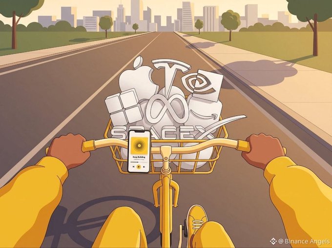 An illustrated first-person view shows a person riding a yellow bicycle down a city road, with a basket filled with recognizable corporate logos—including Apple, Tesla, Meta, and Google—alongside a smartphone displaying a trading interface and the text "STOCKS." The image visually reinforces the post's message about trading stocks conveniently on the go via Binance's bStocks feature, symbolizing mobile, 24/7 access to major U.S. equities directly from your phone.