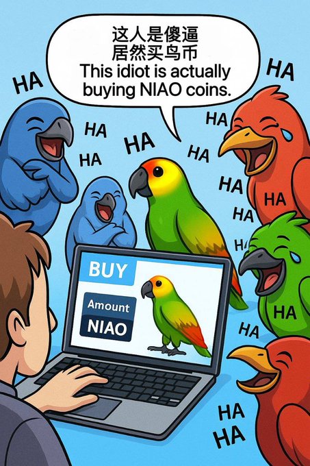A cartoon illustration mocking someone for buying NIAO coins, showing colorful birds laughing ("HA HA HA") at a person on a laptop displaying a "BUY Amount NIAO" screen, with a speech bubble saying "This idiot is actually buying NIAO coins" in both Chinese and English.
