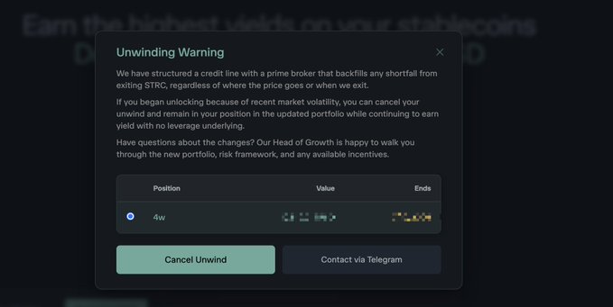 The image shows an "Unwinding Warning" dialog box from Infinifi, notifying the user that a prime broker is backing a shortfall from exiting STRC, with an option to "Cancel Unwind" or "Contact via Telegram," showing one position with blurred values—illustrating the user's concern over the platform's recent STRC investment instability and TVL disruption.