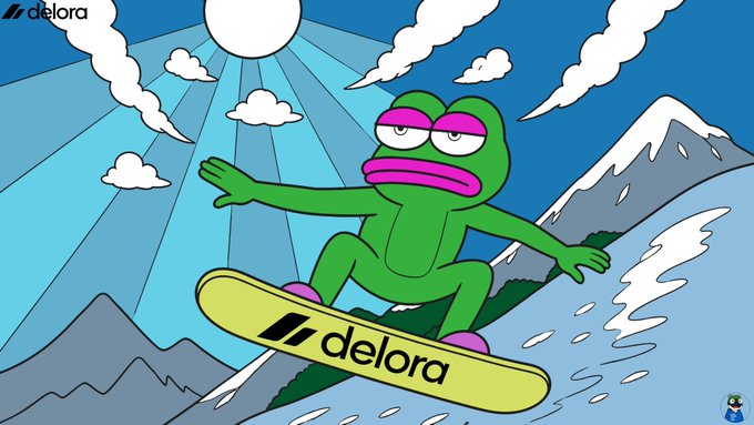 An illustration of a green frog character snowboarding down a mountain while licking its lips, with the 'delora' brand logo visible on the snowboard and top corner.