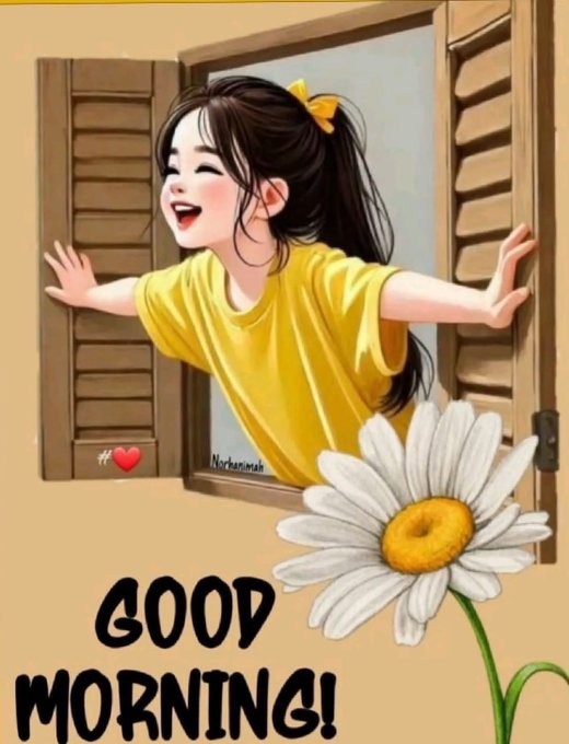 A cheerful illustrated girl with a yellow bow leans out of a wooden window, accompanied by a large daisy and the text 'GOOD MORNING!' at the bottom.