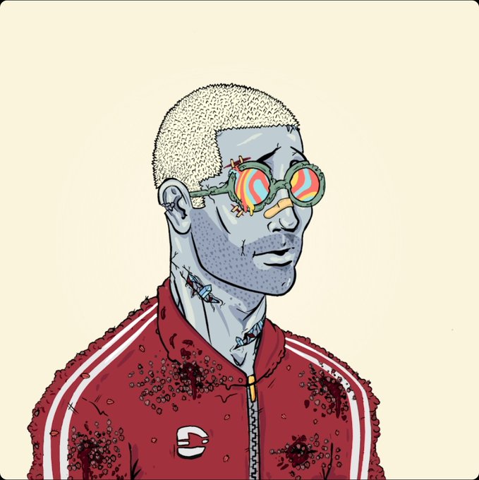 An illustrated portrait of a gray-skinned figure with stubble hair, wearing spiral-patterned goggles and a blood-stained red track jacket against a cream background.