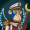 A pixel art monkey dressed as a naval captain with a white hat, gold epaulets, and holding a trident is displayed as the honorary NFT being teased for the Fabled Chronicles mint on OpenSea.