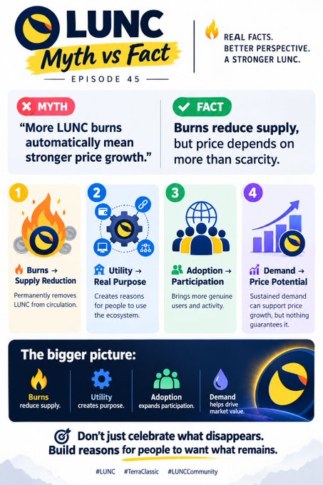 An infographic for LUNC titled “Myth vs Fact — Episode 45,” arguing that burns reduce supply while price depends on scarcity, utility, adoption, and demand.