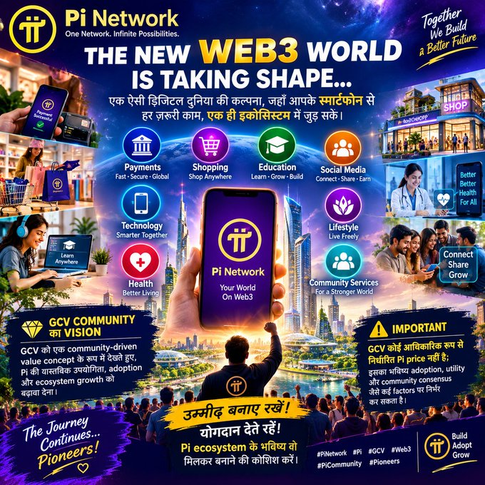 The image is a vibrant promotional poster for **Pi Network**, headlined "THE NEW WEB3 WORLD IS TAKING SHAPE," featuring a central smartphone displaying the Pi Network app against a futuristic cityscape. It highlights eight ecosystem pillars—Payments, Shopping, Education, Social Media, Technology, Health, Lifestyle, and Community Services—each with icons and labels like "Fast • Secure • Global" and "Connect • Share • Earn," alongside Hindi/Hingali text promoting GCV community vision and inviting users to stay alert against misinformation, aligning with the post's message about Pi's vision extending beyond digital currency to a full Web3 ecosystem.