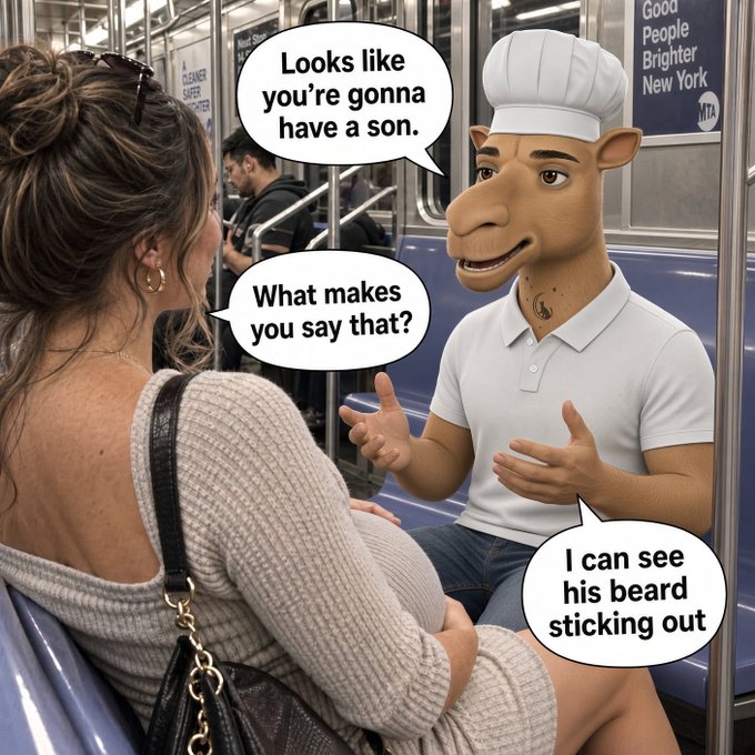 A humorous meme shows a pregnant woman on a subway next to a CGI anthropomorphic camel chef who tells her she is going to have a son because 'I can see his beard sticking out.'
