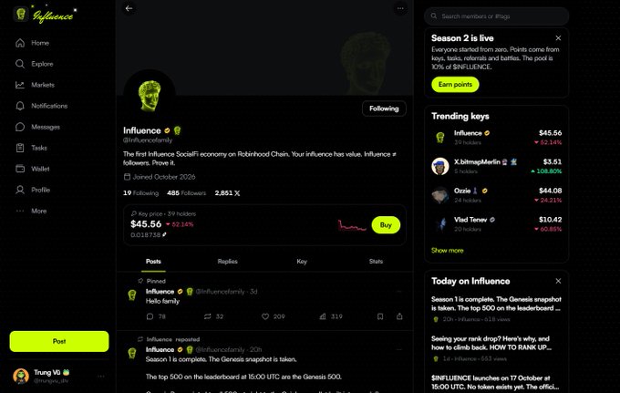 A social platform screenshot features the "Influence" profile showing a key price of $45.56 (+52.14%), with a sidebar of trending keys including Ozzie and Vlad Tenser.