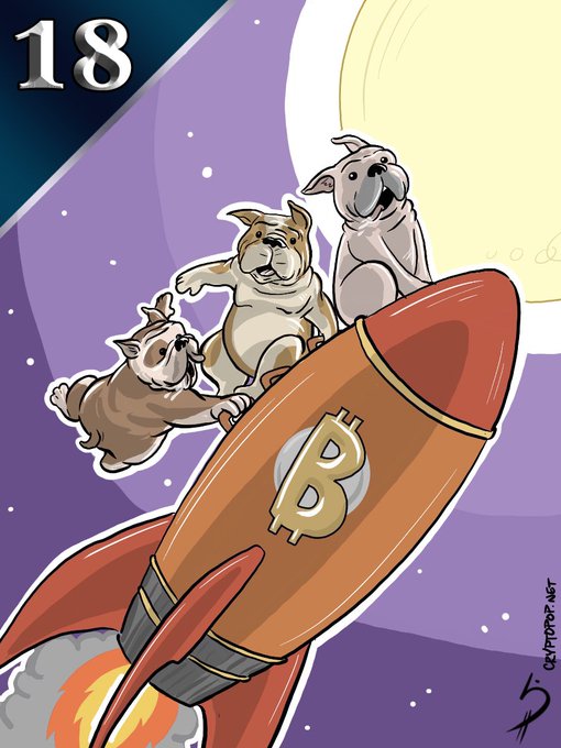 A cartoon illustration titled '18' showing three bulldogs riding on an orange rocket emblazoned with a Bitcoin 'B' logo, flying past a moon against a starry purple space background.
