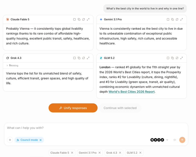 A multi-AI comparison interface showing responses from Claude Fable 5, Gemini 3.1 Pro, Grok 4.3, and GLM 5.2 about the best city to live in, with Vienna and London as top answers.