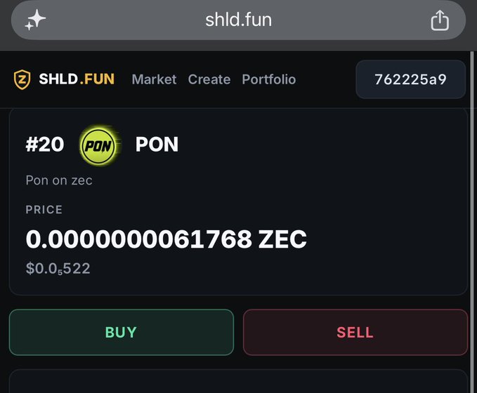 A screenshot of the shld.fun website displaying token #20 "PON" (Pon on zec) priced at 0.000000061768 ZEC ($0.0522), with the user highlighting the token's performance to support their post about already achieving a 2x gain and planning to buy more $PON while it's still early.