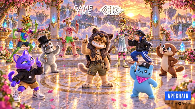 A vibrant, fantasy-style promotional image labeled 'GAME TIME' and 'APECHAIN', featuring various 3D animated characters including cats, a bear, and humanoid figures in a colorful temple setting.