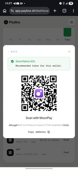 A mobile screenshot of the PayBox app (app.paybox.sh/dashboard) displaying a Solana wallet QR code with the wallet address 'A9xagARWoF1aYrV4wuzXYuGnsJC7JTRv3bqW3GhZCUz5s' for sending native SOL.