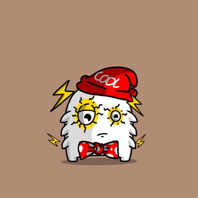 A cartoon illustration of a white fluffy creature wearing a red beanie labeled "COOL" and a red bow tie, with yellow cracked eyes surrounded by yellow lightning bolts against a tan background.
