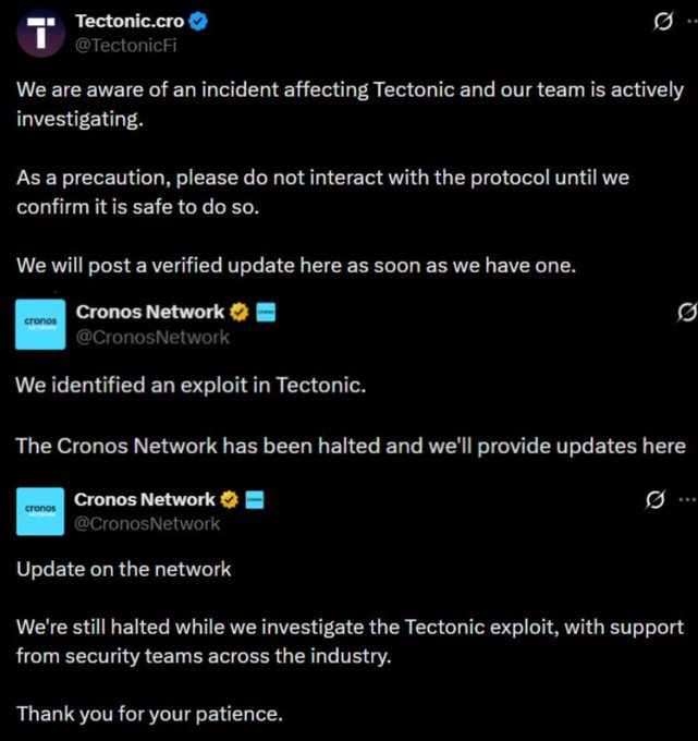 A Twitter/X thread from Tectonic.cro announcing a security incident and advising users not to interact with the protocol, alongside updates from Cronos Network (@CronosNetwork) confirming a Tectonic exploit and that the network has been halted.