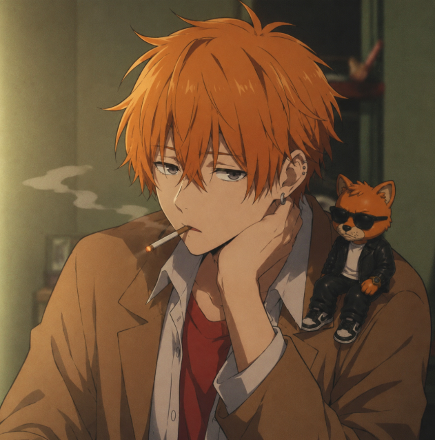 An anime-style illustration of an orange-haired young man smoking a cigarette while wearing a tan jacket, with a small orange cat in a black leather jacket and sunglasses perched on his shoulder.