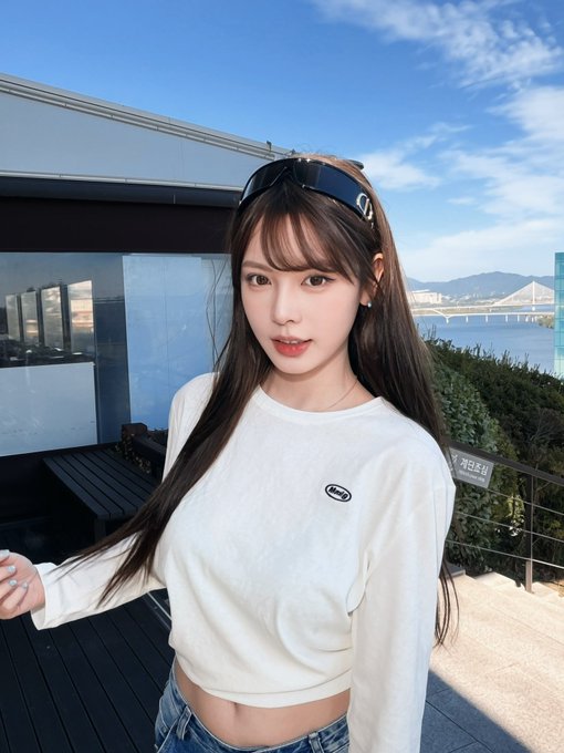 A stylish young woman poses on a balcony overlooking a scenic waterfront with mountains and a bridge in the background, wearing a white cropped sweatshirt and sunglasses perched on her head. The image reflects the post's travel narrative, capturing a moment in Seoul during China's National Day as she attends a BNB Chain event to connect with fellow traders.