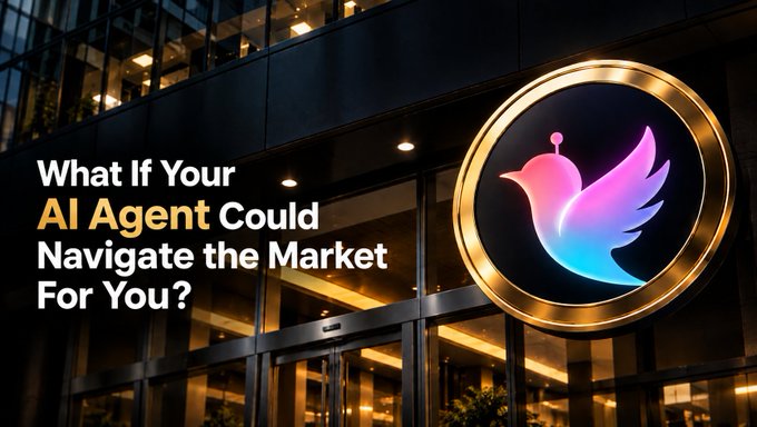 An advertisement features a glowing circular logo of a pink and blue bird, accompanied by the text 'What If Your AI Agent Could Navigate the Market For You?'.