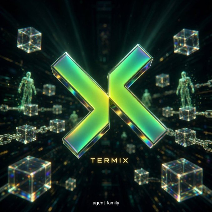 A digital graphic featuring a glowing green and yellow 'X' logo with the text 'TERMIX' and 'agent.family' against a dark background with chains and cubes.