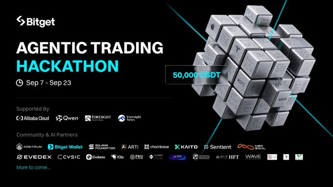 A promotional graphic for the 'Bitget AGENTIC TRADING HACKATHON' running Sep 7 - Sep 23, featuring a cube made of numbered blocks, a 50,000 USDT prize pool, and sponsor logos including Alibaba Cloud, Evernight News, Arbitrum, and Solana Foundation.