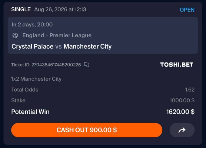 A betting slip from Toshi.Bet shows a $1,000 wager on Manchester City to win ("1x2 Manchester City") against Crystal Palace in the Premier League, with total odds of 1.62 and a potential payout of $1,620, currently offering a $900 cash-out option. The image visually supports the poster's confident claim that Manchester City should handle Crystal Palace easily.