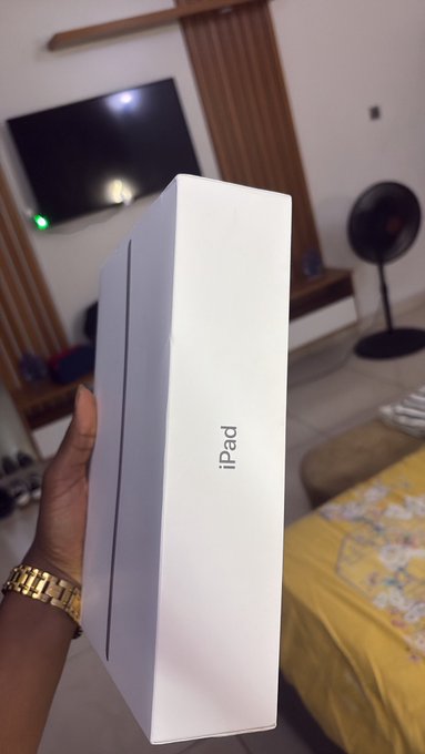 A hand wearing a gold watch holds up a white Apple iPad box in a living room setting, with a TV mounted on a wooden slatted wall in the background.