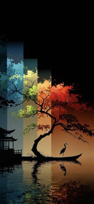 A stylized digital artwork of a tree silhouette with colorful foliage in autumn tones, a heron, and a small pagoda reflected in water against a black background.