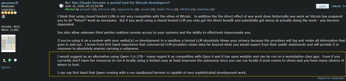 A forum post titled "Rec Has Claude become a useful tool for bitcoin developers?" displays highlighted text critiquing Qwen and recommending closed-hosted LLMs for bitcoin development, with activity stats showing 4816 posts from user gmaxwell.