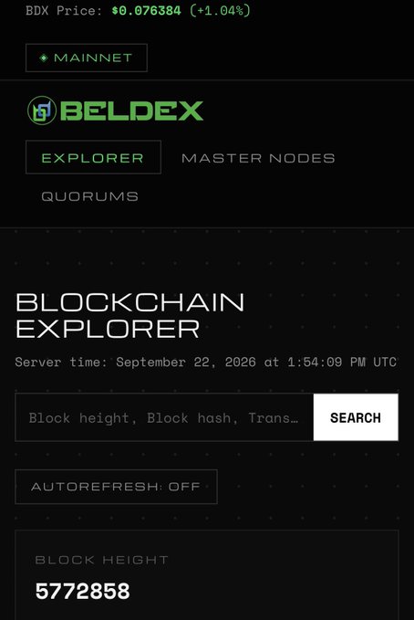 A screenshot of the Beldex Blockchain Explorer interface, showing a BDX price of $0.076384 and a current block height of 5772858.
