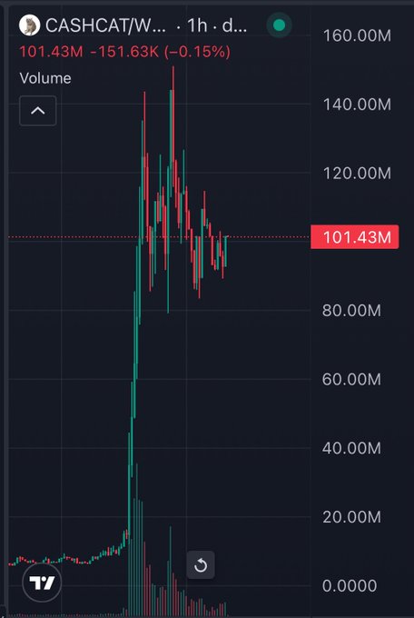 A TradingView 1-hour candlestick chart of CASHCAT/W... shows the price currently at 101.43M, down 151.63K (-0.15%), with significant volatility visible as the price recently surged from near zero to over 140M before pulling back. The chart supports the post's sentiment of "painting to a billion," illustrating the token's dramatic upward spike though it has not yet reached the billion-dollar mark.