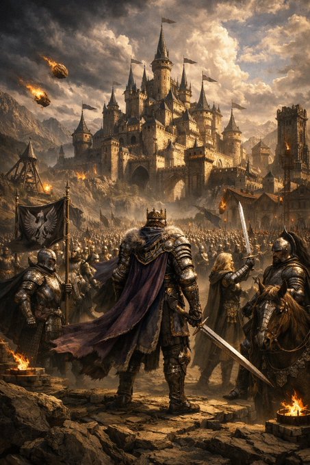 A dramatic fantasy illustration of an armored king and warriors overlooking a vast medieval army with a grand castle in the background, complete with banners, fire, and stormy skies.