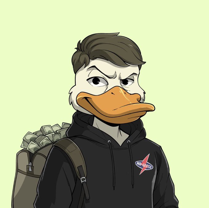 An illustration of a duck-headed character with human brown hair wearing a black hoodie that has a star patch reading 'MR GEESE', carrying a backpack filled with cash.