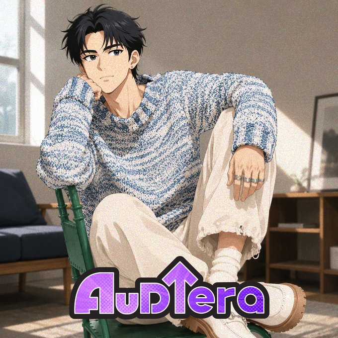 An anime-style illustration shows a young man with dark hair sitting on a green chair wearing a blue and white knit sweater and white pants, with 'Audiera' written in purple text below.