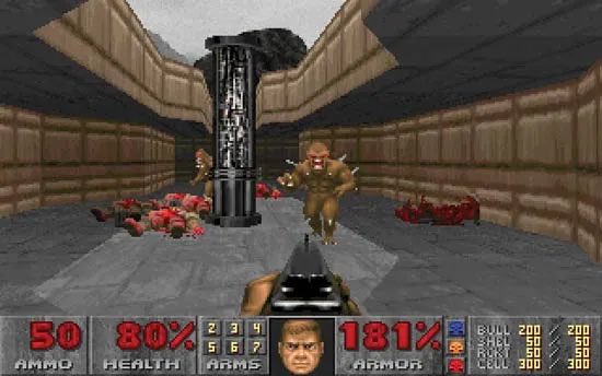 A screenshot from the classic first-person shooter video game Doom, showing the player character aiming a weapon at a demon enemy in a stone corridor, with the iconic HUD displaying 50 ammo, 80% health, 181% armor, and weapon stats.