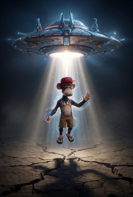 A digital artwork of a UFO beaming down a cartoon monkey wearing a red cap, shirt, shorts, and flip-flops onto a cracked desert floor at night.