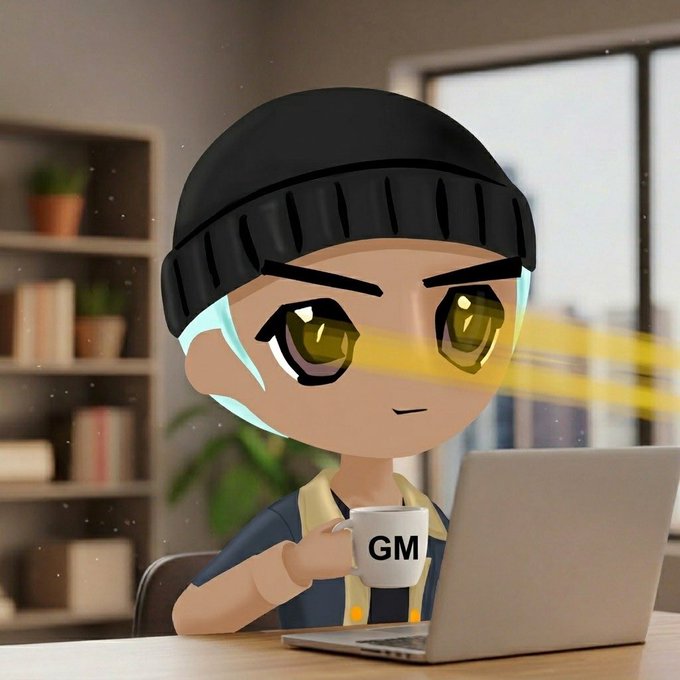 A chibi-style cartoon character wearing a black beanie holds a white mug labeled 'GM' while sitting at a desk with a laptop, yellow laser beams shooting from their eyes.