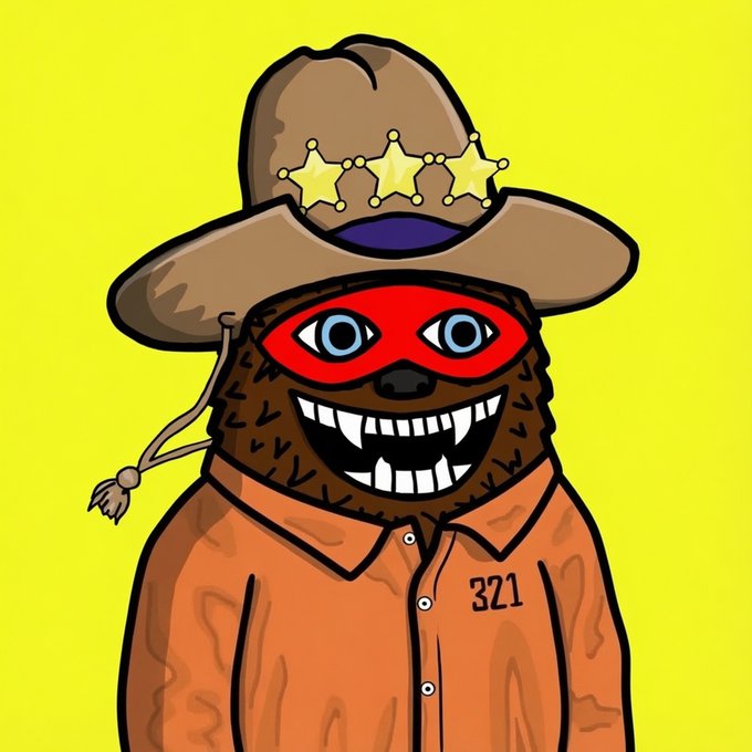 A cartoon bear wearing a brown cowboy hat with three yellow stars, a red superhero mask, and an orange prison-style shirt numbered "321" grins mischievously against a yellow background. The character's orange attire aligns with the post's reference to a $FUZZY meme token, with the mascot "Fuzzy" serving as the project's branded character.