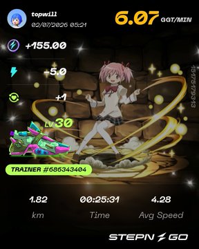 A STEPN GO app screen for user topwill showing 1.82 km in 25:31, 6.07 GMT/MIN, with an anime character avatar.