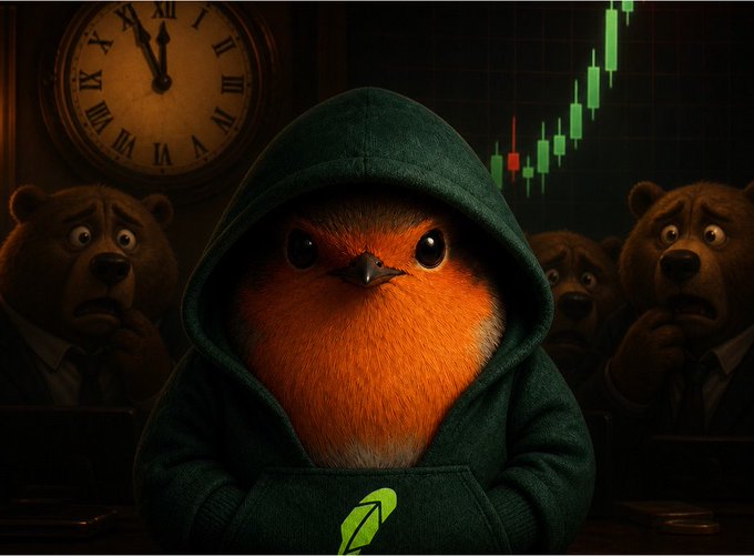 An AI-generated image of a robin bird in a green hoodie surrounded by cartoon bears, with a clock and a green stock chart in the background.