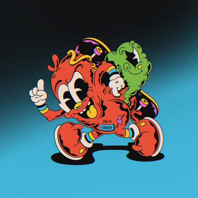 A stylized cartoon illustration of a red character holding a gun, with green slime dripping off, giving a thumbs-up while running, featuring a 'COLLECT' tattoo on its arm.