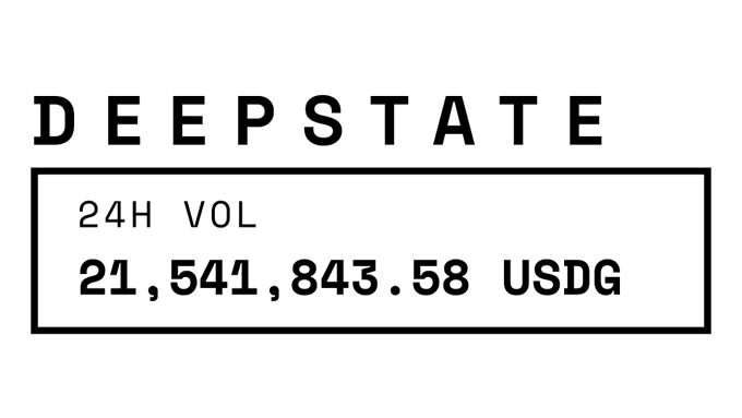 A simple text graphic displays 'DEEPSTATE' above a bordered box showing '24H VOL' and the value '21,541,843.58 USDG'.