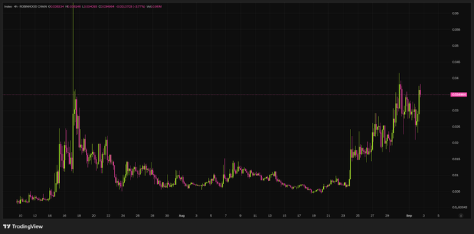 A TradingView price chart for DOGECOIN/USDT on Robinhood Chain showing a recent price spike to roughly $0.24.