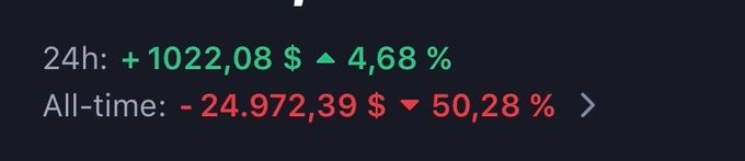 A cryptocurrency price chart displaying '24h: +1022,08 $ ▲ 4,68 %' in green and 'All-time: -24.972,39 $ ▼ 50,28 %' in red against a dark background.