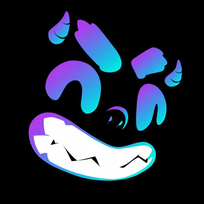 A stylized cartoon illustration of an excited or manic face in purple and teal gradient colors with sweat drops and a wide toothy grin on a black background.