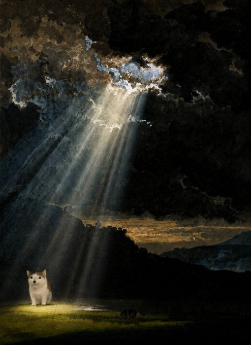 A dramatic dark painting with rays of sunlight breaking through storm clouds, featuring a small white cat standing illuminated in the lower left corner.