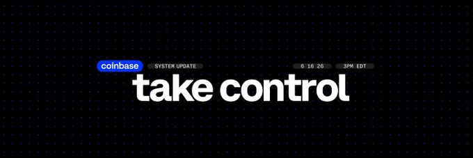 The image features a gray background with white text that reads "Take Control" at the top, followed by a list of updates related to the Coinbase system. The text also includes an explanation about why @coinbase and @base can maintain their position as an advanced hub for builders.