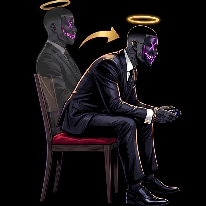 A stylized illustration of two suited figures with glowing pink X-eyed skull masks and golden halos sitting on a chair.