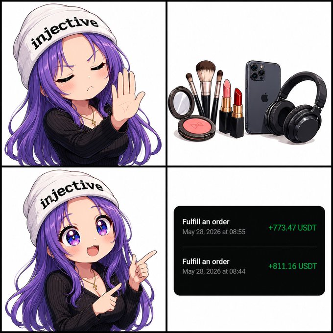 The image features a young girl wearing a hat, surrounded by multiple items such as makeup, headphones, hair accessories, a phone, a wallet, and a credit card. The text accompanying this image appears to be a meme about an item being purchased online for $INJ or $INJ. The key points of the meme are that there is something she wants to buy on Amazon. In addition, the image shows a list of the items shown below the girl's head: makeup, headphones, hair accessories, phone, wallet and credit card with the amount paid for each item listed in an organized manner.