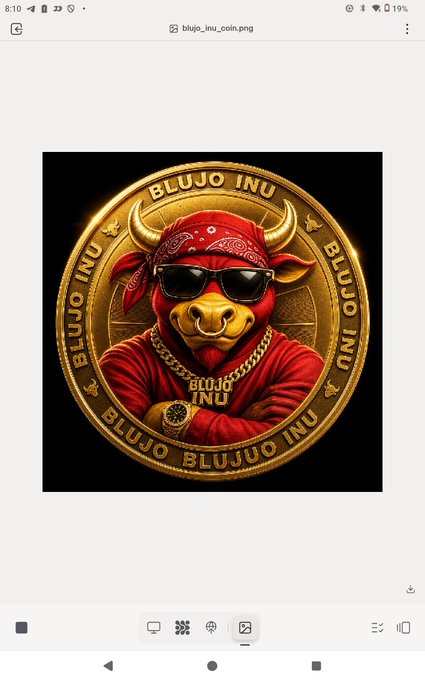 A digital coin illustration labeled 'BLUJO INU' featuring a red bull character wearing sunglasses, a red bandana, and gold chains.